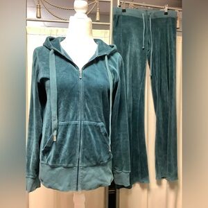 Juicy Couture 90s Teal Velour Zip Up Hoodie Pants 34 x 33 Tracksuit